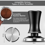 Spring-loaded espresso tamper with 58mm stainless base and ridged cup