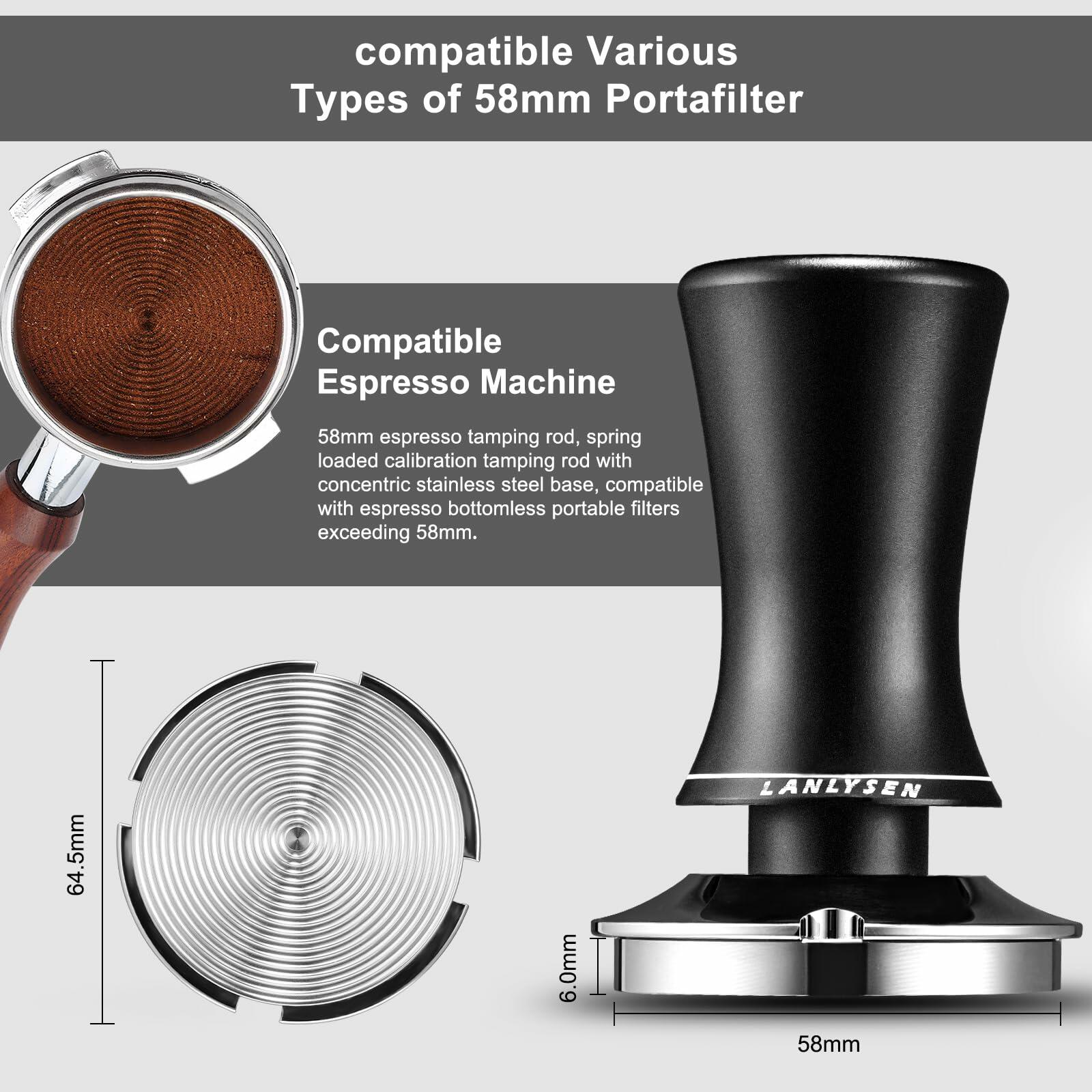 Spring-loaded espresso tamper with 58mm stainless base and ridged cup
